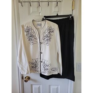 Lawrence Dress Stanley Sklar Skirt Suit Size 12 Ivory Black Embroidered Vintage